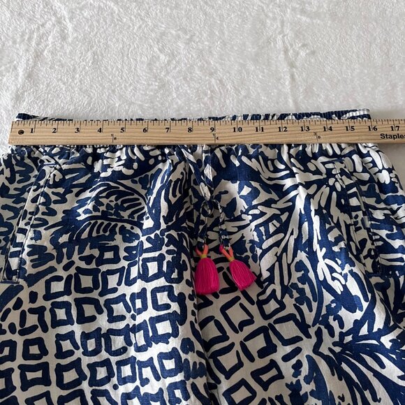 Lilly Pulitzer Linen Ankle Pants Women M Indigo White Pink Tassels Boho Coastal - Picture 6 of 11